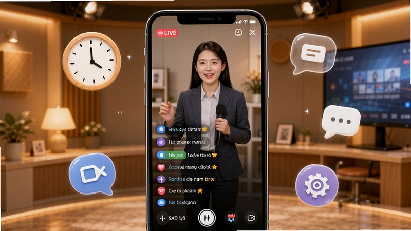 益学堂直播互动教学场景图,画面中央为手机屏幕显示直播界面,屏幕中有讲师授课画面与滚动弹幕互动区,手机周围环绕时钟、对话气泡、回放按钮等图标,背景为暖色调演播室风格,突出实时互动与学习氛围