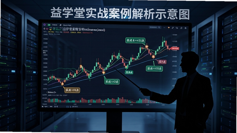 益学堂实战案例解析示意图,画面主体为一块大型显示屏,屏幕上展示股票走势图与标注了买卖点的技术分析标记,屏幕前方有讲师剪影手持教鞭指向图表,背景为深色数据机房风格,整体突出实战分析与教学场景