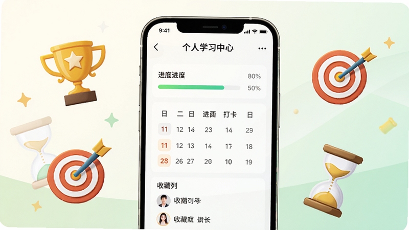 益学堂学习进度管理界面图,画面中央为手机屏幕展示个人学习中心页面,包含进度条、日历打卡、收藏列表等元素,屏幕周围环绕奖杯、目标靶心、时间沙漏等图标,背景为柔和的米白色与浅绿色渐变,整体风格清爽激励