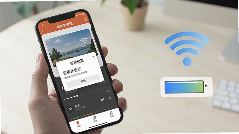 益学堂移动端使用操作示意图,画面展示一只手握持手机,手机屏幕显示益学堂课程播放界面与权限设置弹窗,背景为简洁的桌面环境,旁边有WiFi信号图标与存储空间示意图,整体风格写实清晰,突出移动端操作场景