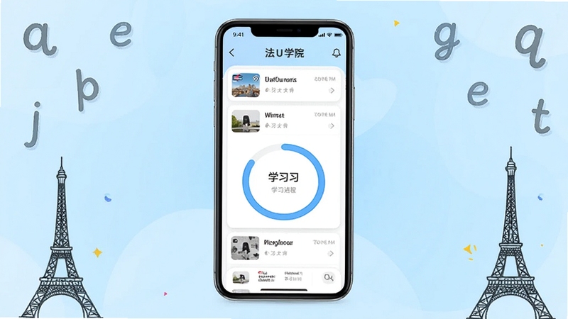 法语U学院APP主界面全貌展示,画面中央为手机屏幕内显示法语课程列表与学习进度环,背景区域为柔和的浅蓝色渐变,四周点缀法语字母与巴黎铁塔简笔画元素,整体风格清新简洁,适配Boogu模型生成