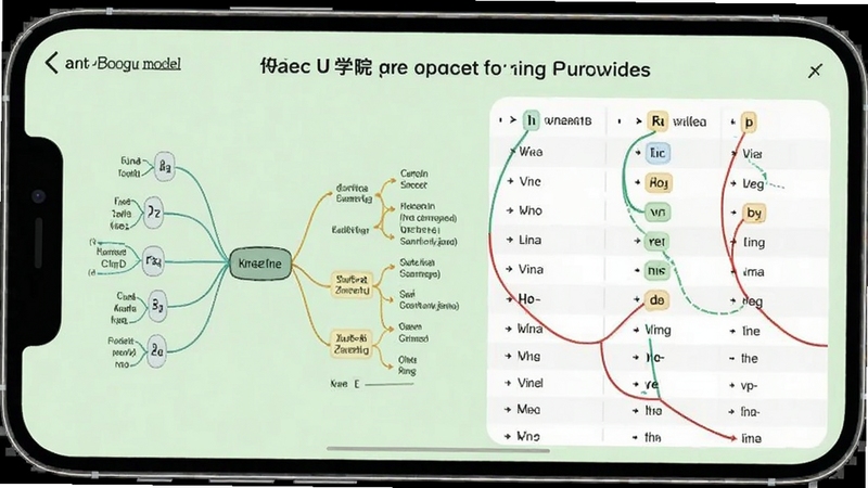 法语U学院语法图谱与动词变位查询界面,手机屏幕展示思维导图式语法树与动词变位表格,背景为浅绿色护眼色调,适配Boogu模型生成