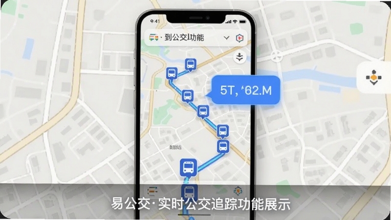 易公交实时公交追踪功能展示图,画面主体为手机屏幕显示地图界面,地图上有蓝色公交图标沿路线移动,旁边有到站时间气泡,背景为浅色城市地图纹理,整体风格科技简洁,适配Boogu模型生成
