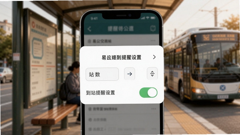 易公交到站提醒设置界面展示图,手机屏幕显示提醒设置弹窗,有站数选择和开关按钮,背景为公交站台候车场景虚化,整体风格温馨实用,适配Boogu模型生成