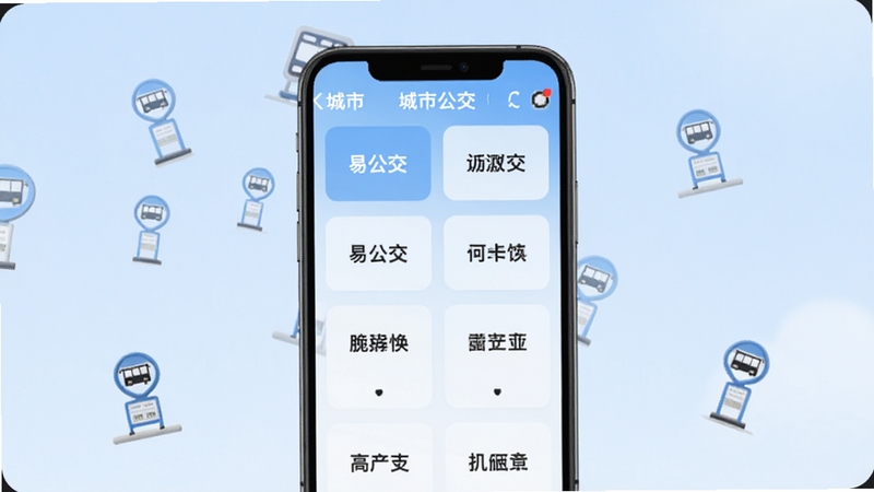 易公交多城市切换功能展示图,画面为手机界面显示城市选择列表,多个城市名称以卡片形式排列,背景为淡蓝色渐变,配有公交站牌小图标点缀,整体风格清爽有序,适配Boogu模型生成