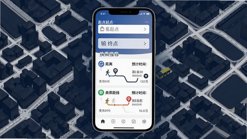 易公交换乘方案推荐界面展示图,手机屏幕显示起点终点输入框和两条换乘路线方案对比,有步行距离和预计时间标注,背景为城市道路网格抽象图案,整体风格清晰专业,适配Boogu模型生成