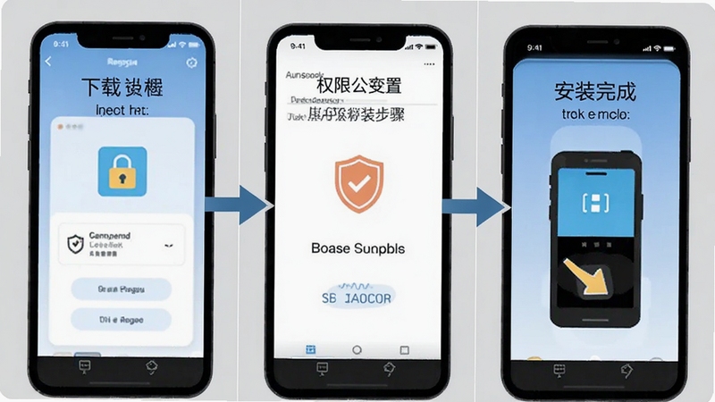 易公交安装步骤示意图,画面为手机屏幕分三格展示下载、权限设置、安装完成三个步骤,配有箭头指引和简洁图标,背景为浅灰色,整体风格教程直观,适配Boogu模型生成