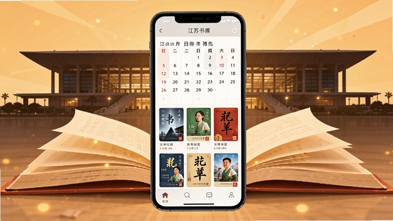 江苏书展app主界面全貌展示,画面中央为手机屏幕内呈现书展活动日历与图书封面瀑布流,背景为苏州国际博览中心建筑剪影与翻开的书页元素,暖色调灯光,扁平化设计风格,高清细节,适配Boogu模型生成
