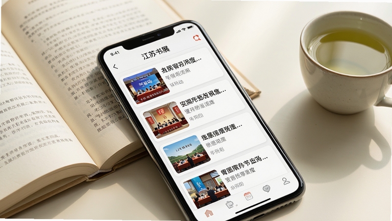 江苏书展app资讯列表页面特写,手机屏幕显示多条书展新闻卡片,卡片上有活动缩略图与标题文字,背景为淡雅米白色书桌场景,旁边摆放一本翻开的书籍与一杯清茶,温馨阅读氛围,写实风格,高清渲染