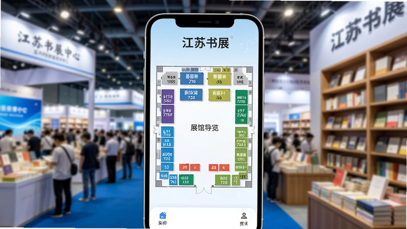 江苏书展app展馆导览界面,手机屏幕展示苏州国际博览中心平面图,图中标注不同展区颜色与展位编号,界面简洁现代,背景为虚化的书展现场人群与书架,明亮灯光,科技感与书香融合