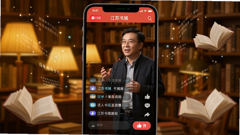 江苏书展app线上直播与互动界面,手机屏幕显示直播画面中作家正在演讲,下方有弹幕与点赞按钮,背景为温馨书房环境,暖黄色灯光,屏幕周围有漂浮的书本与文字粒子特效,现代数字阅读氛围