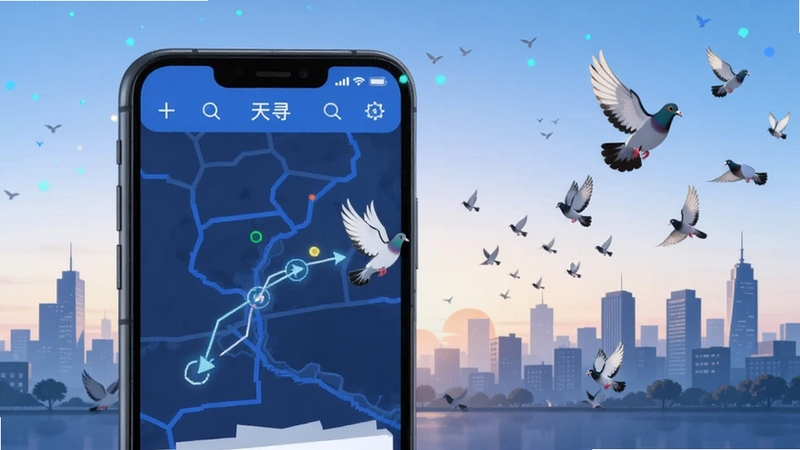 软件名称天寻,画面主体为一部智能手机屏幕显示信鸽飞行轨迹地图界面,背景区域为清晨城市天际线与放飞的信鸽群,整体色调为蓝白科技感,扁平化UI风格,高清细节,适配Boogu模型生成