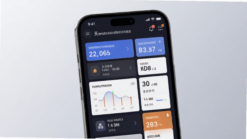 天寻赛事数据查询界面示意图,画面主体为手机屏幕显示赛事列表与数据卡片,背景区域为柔和浅灰渐变,风格简约商务,高清细节,适配Boogu模型生成