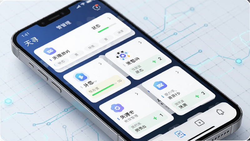 天寻多设备适配管理界面图,画面主体为手机屏幕显示多个设备卡片与状态标识,背景区域为浅色科技网格纹理,风格简洁明快,高清细节