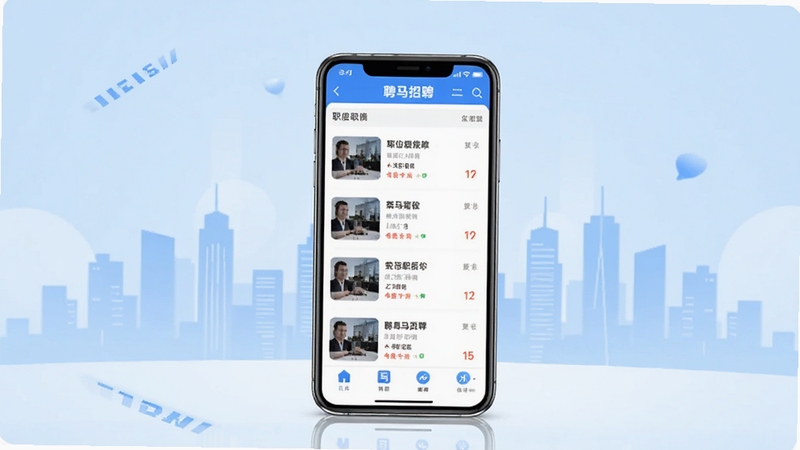 聘马招聘手机应用主界面展示,画面中央一部智能手机竖屏显示聘马招聘APP的职位列表页面,背景为浅蓝色渐变与城市剪影,整体风格简洁商务,适配Boogu模型生成