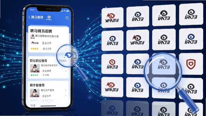 聘马招聘智能匹配功能界面,手机屏幕显示职位推荐卡片与企业logo墙,背景带有数据流动线条与放大镜元素,突出聘马招聘的智能推荐特性