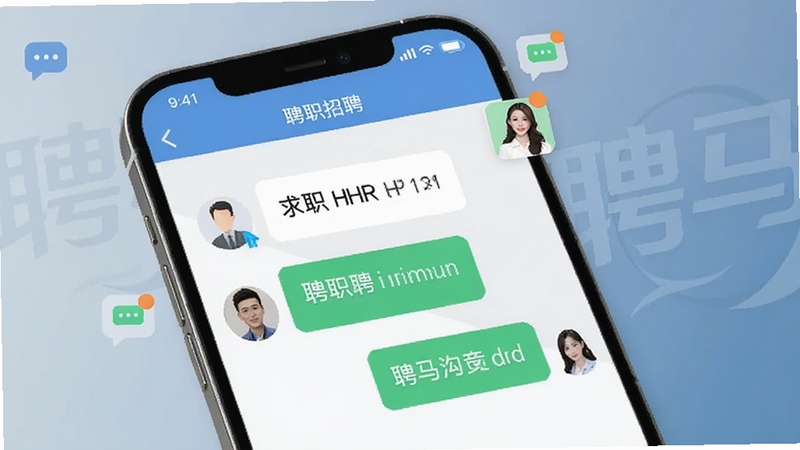 聘马招聘在线沟通聊天界面,手机屏幕展示求职者与HR的对话气泡,界面简洁友好,背景有聘马招聘logo水印与消息提示图标