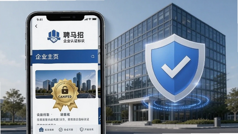 聘马招聘企业认证标识展示,手机屏幕显示企业主页与认证徽章,背景为办公楼与盾牌图标,突出安全可靠