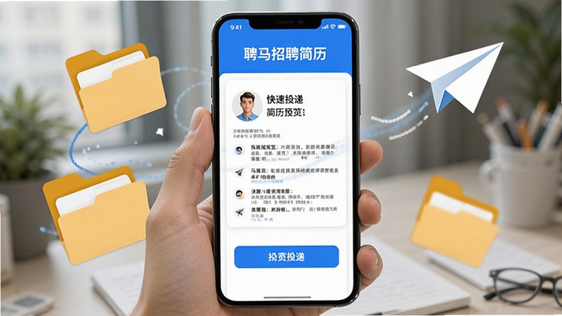 聘马招聘简历投递页面,手机屏幕显示简历预览与投递按钮,周围环绕文件夹与纸飞机图标,体现快速投递的便捷感