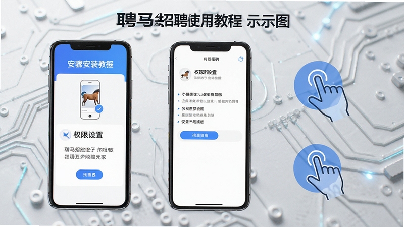 聘马招聘使用教程示意图,手机屏幕展示安装步骤与权限设置界面,旁边有手势指引图标,背景为浅灰色科技纹理