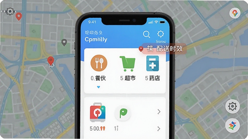 筷子生活APP界面中展示附近商家列表,包含餐饮、超市、药店图标,背景为城市地图,突出定位与配送时效标签