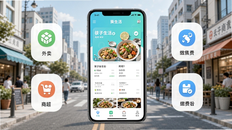 软件整体界面展示,中心位置为筷子生活APP首页,背景为城市生活场景,包含外卖、商超、缴费功能图标,风格清新明快