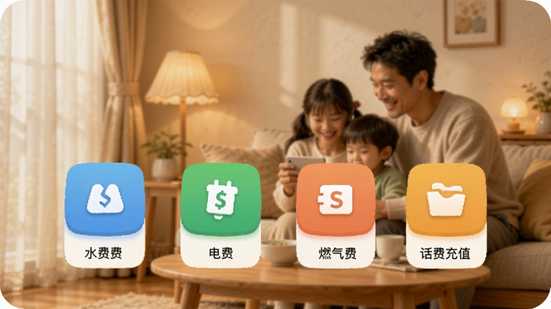 筷子生活APP生活缴费页面,展示水费、电费、燃气费、话费充值图标,背景为温馨家庭场景,色调柔和