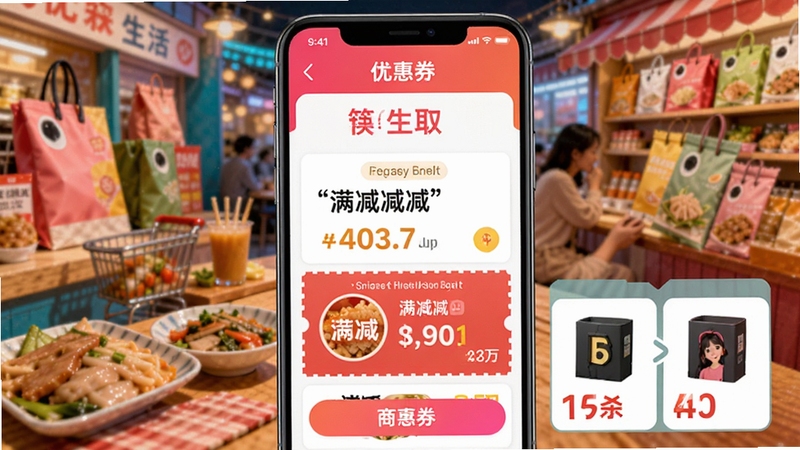 筷子生活APP优惠券领取页面,展示多张满减券与秒杀商品,背景为购物场景,色彩鲜艳吸引眼球
