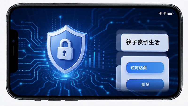 筷子生活APP支付安全界面,展示盾牌图标与加密锁,背景为蓝色科技感线条,突出安全可靠