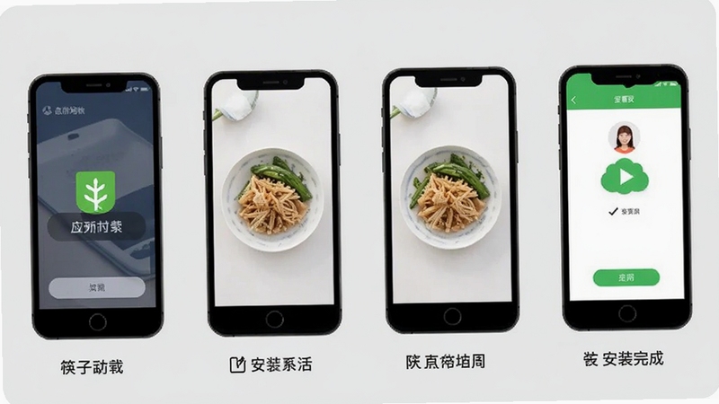 筷子生活APP安装步骤示意图,展示手机屏幕从下载到安装完成的四个画面,背景为浅灰色,风格简洁
