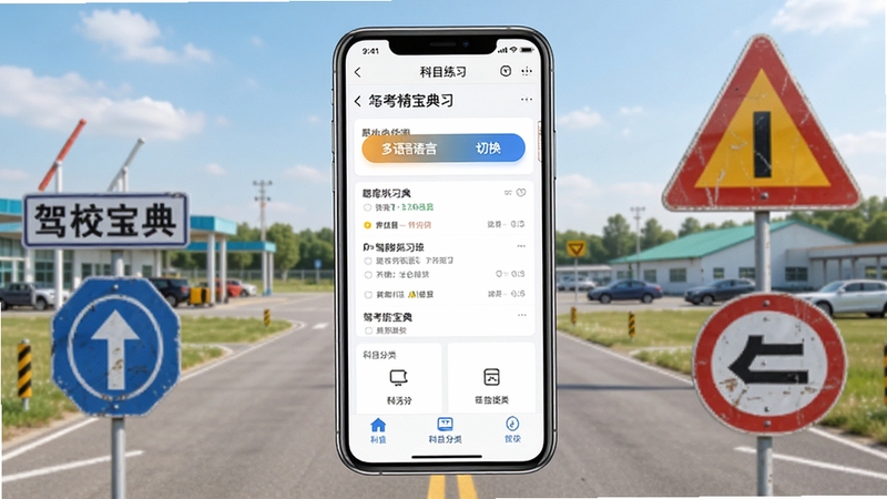 驾考宝典多语言版应用界面全景展示,画面中央为手机屏幕呈现题库练习页面,背景区域为驾校训练场与交通标志元素,整体风格简洁明亮,突出多语言切换按钮与科目分类入口