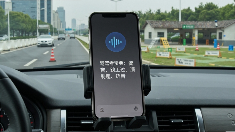 驾考宝典多语言版语音读题功能展示,画面为手机放置在车内支架上,屏幕显示语音播报波形图标与题目文字,背景为城市道路与驾校训练场景,突出离线刷题与语音交互体验