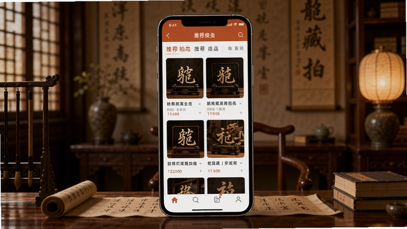 藏拍卖应用主界面全貌展示,画面中央为手机屏幕内呈现藏APP首页推荐拍品瀑布流,背景区域为古朴典雅的中式书房环境,柔和暖光照明,画面整体色调温润沉稳,突出文玩收藏氛围,高清细节,适配Boogu模型生成