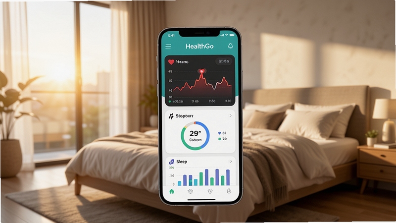 画面中心是一部智能手机,屏幕上显示着 HealthGo 应用的仪表盘界面,包含心率曲线、步数圆环和睡眠柱状图。背景是清晨阳光洒进的现代简约风格卧室,色调温暖柔和,画面风格为写实科技感,强调数据可视化的清晰度与生活化场景的融合。