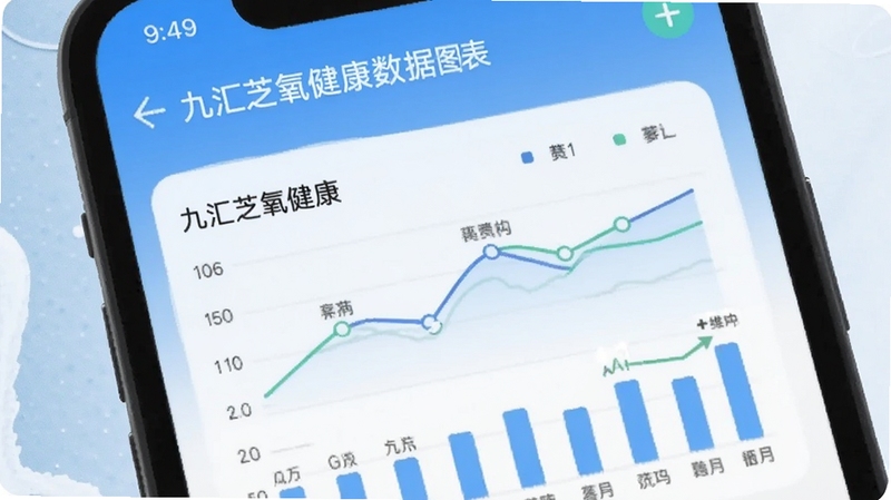 画面主体为手机屏幕特写,展示九汇芝氧健康数据图表页面,包含折线图与柱状图,背景区域为淡蓝色与白色相间的简约纹理,画面明亮干净,适配Boogu模型生成。