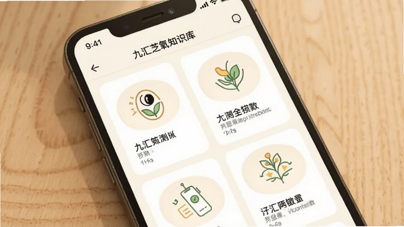 画面主体为手机屏幕显示九汇芝氧知识库列表页面,卡片式布局,每张卡片配有简约插图与标题文字,背景区域为暖白色与浅木色纹理,整体氛围温馨舒适,适配Boogu模型生成。