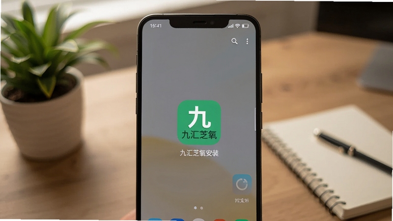 画面主体为一部安卓手机屏幕显示九汇芝氧安装完成界面,图标位于桌面中央,背景区域为模糊的室内桌面场景,有绿植与笔记本点缀,整体色调温暖自然,适配Boogu模型生成。