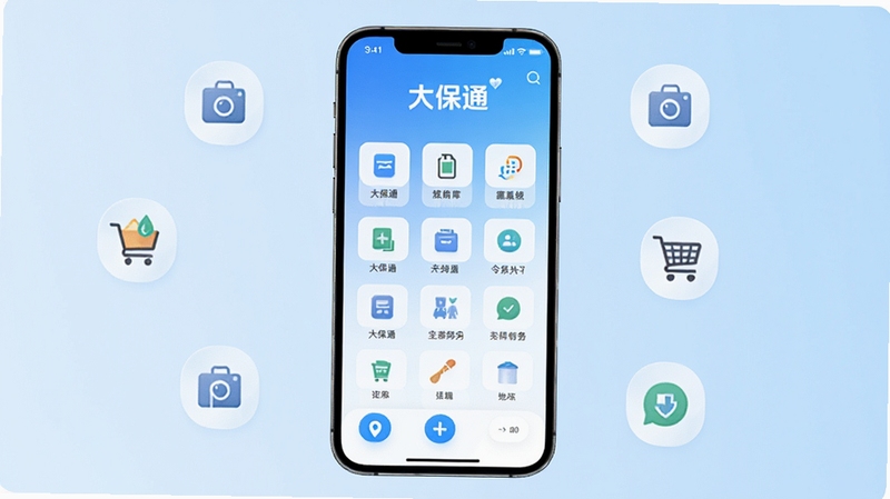 画面中央是一部智能手机,屏幕上清晰展示着大保通App的主界面,界面布局简洁、功能图标排列整齐,背景为柔和的浅蓝色渐变,周围点缀着生活服务相关的简约图标元素,整体风格现代、清新,突出大保通作为生活服务助手的产品定位。