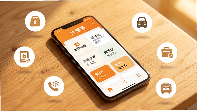 一部手机放置在木质桌面上,屏幕显示大保通App内多个服务模块整齐排列,周围环绕着代表缴费、查询、出行等场景的简约图标,整体色调温暖明亮,画面风格写实,突出大保通一站式服务的特点。