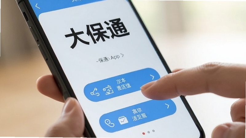 特写展示一部手机屏幕,大保通App界面字体清晰、按钮宽大,一位用户的手指正轻触屏幕上的功能按钮,背景虚化处理,光线柔和,体现大保通界面简洁易用的设计理念。