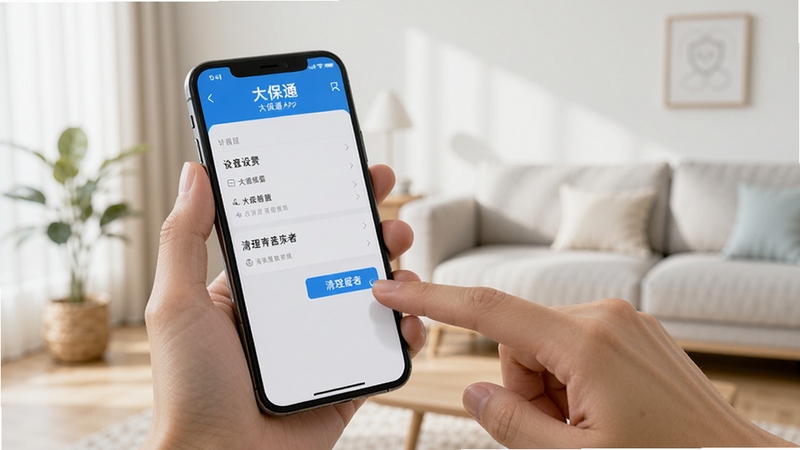 一部手机屏幕展示大保通App的设置页面,旁边有手指正在点击清理缓存按钮,背景为简约的居家环境,光线明亮,画面风格写实自然,体现大保通日常维护的便捷性。