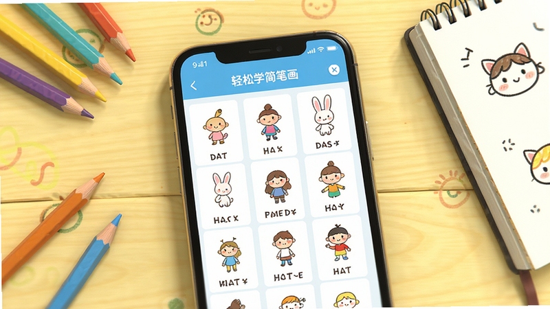 轻松学简笔画 软件主界面 手机屏幕展示 海量简笔画教程分类排列 明亮温馨的插画风格 背景为浅黄色木质桌面 画面中央是手机界面特写 周围散落彩色铅笔和速写本 Boogu高清渲染