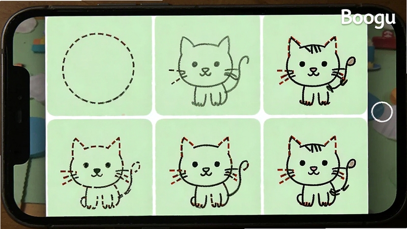 轻松学简笔画 分步教学界面 手机屏幕显示六个步骤网格 从画圆到完成小猫简笔画 每步用红色虚线标注新增线条 背景为淡绿色 画面右上角有软件名称水印 Boogu生成