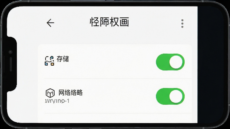 轻松学简笔画 安装权限设置截图 手机屏幕显示应用权限管理页面 存储和网络权限开关为绿色开启状态 背景为纯白色 画面简洁明了 Boogu生成