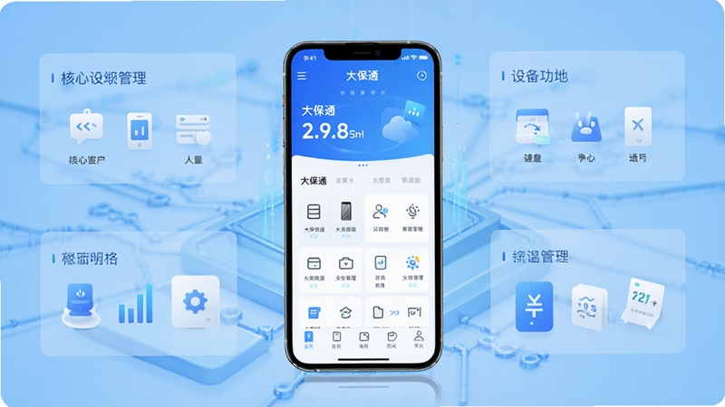 整体展示大保通软件主界面与核心功能模块,画面中心为手机屏幕显示大保通应用首页,背景区域为浅蓝色科技感渐变,突出通讯与设备管理主题,细节清晰,风格简洁现代