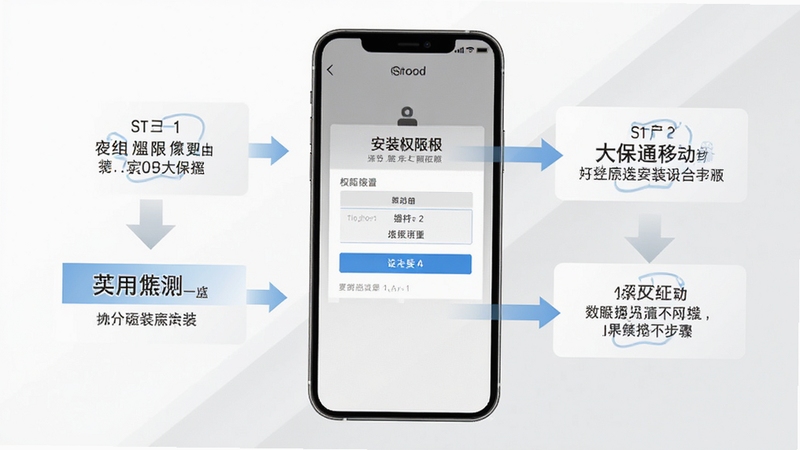 大保通移动端安装步骤示意图,画面中心为手机屏幕展示安装权限设置界面,背景为简洁白色与浅灰搭配,突出操作引导与步骤清晰,风格实用直观