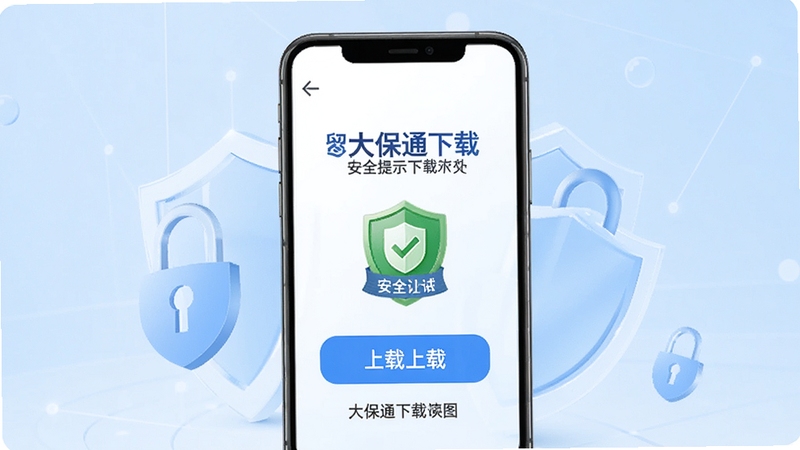 大保通下载页面安全提示示意图,画面中心为手机屏幕显示下载按钮与安全认证标识,背景为淡蓝色渐变与盾牌元素,突出安全下载主题,风格清晰可信