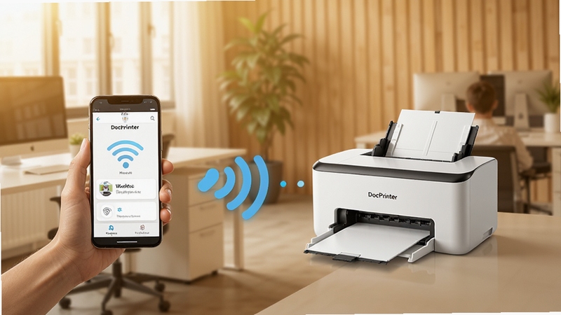 DocPrinter 无线网络打印适配场景图,手机与打印机通过Wi-Fi信号图标相连,背景为现代办公室环境,色调明亮温暖,体现无线打印的便捷高效