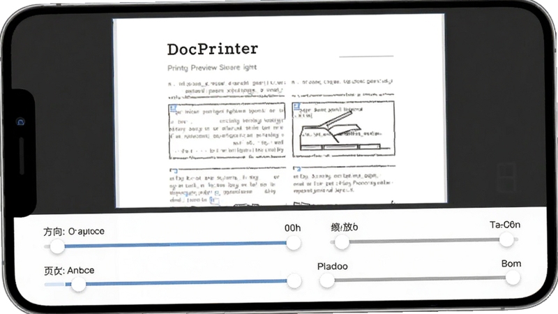DocPrinter 打印预览与参数调节界面图,手机屏幕上显示文档预览缩略图,下方有纸张方向、缩放比例、页边距等调节滑块,界面风格现代简约