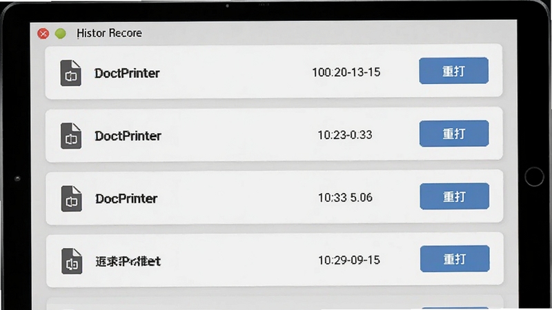 DocPrinter 历史记录与快捷重打功能界面图,列表展示多条打印任务记录,每条记录带有文件图标、名称、时间与重打按钮,背景为浅灰色卡片式布局